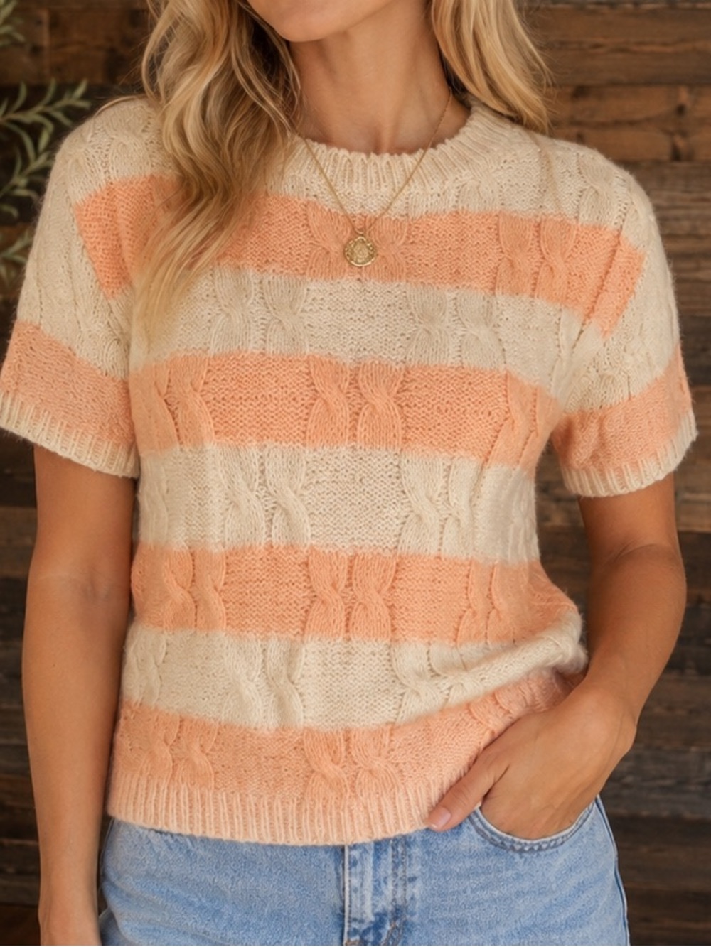 Handmade Grandma Knit Sweater in Peach and Cream Cottagecore Cozy Original